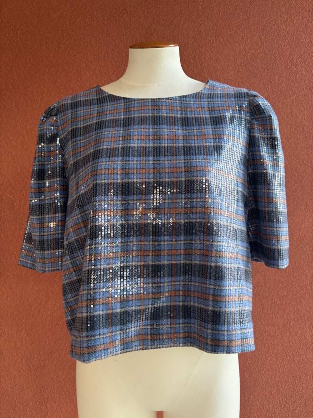 Plaid Blue and Tan Short-Sleeve Women's Top